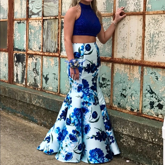 open lace back dress Navy Blue Two-Piece Prom Dress with Floral Satin Mermaid Skirt main image 1